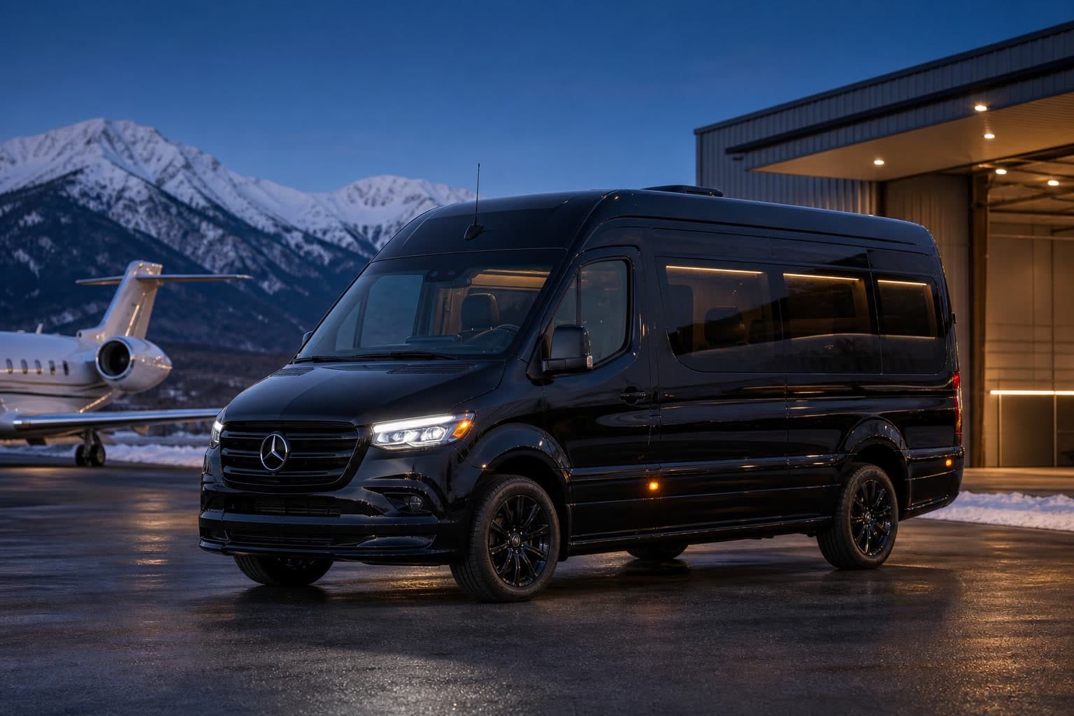 Black executive Mercedes Sprinter centered on a Colorado private aviation ramp at blue hour.