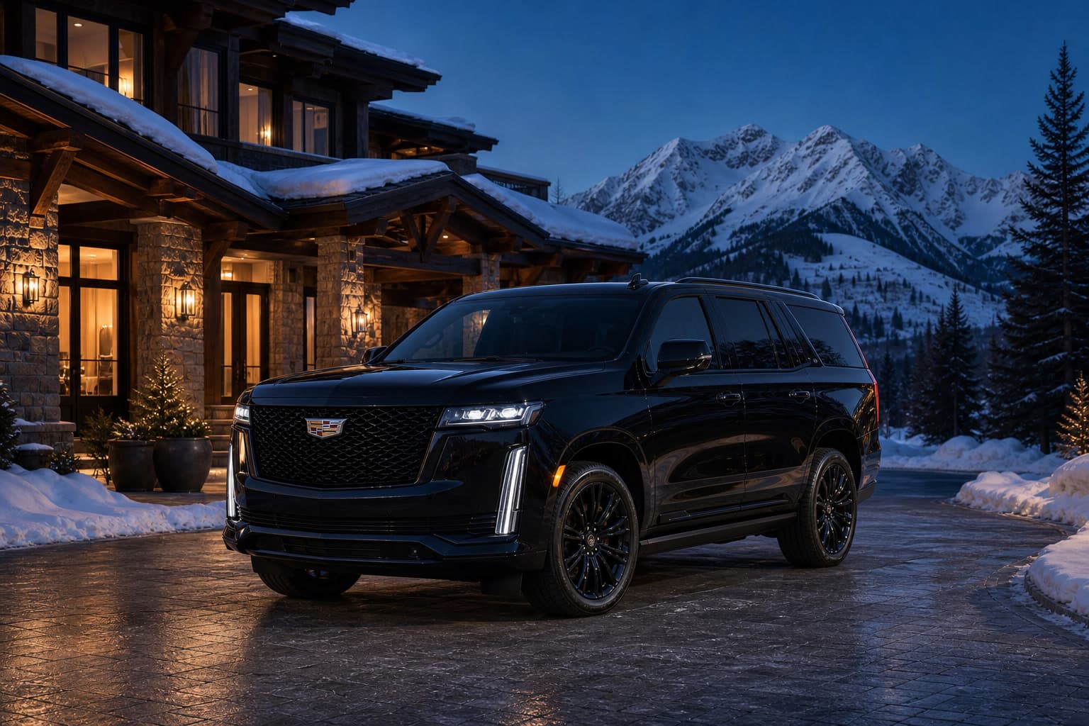 Black Cadillac Escalade centered outside a snowy Colorado mountain residence at blue hour.