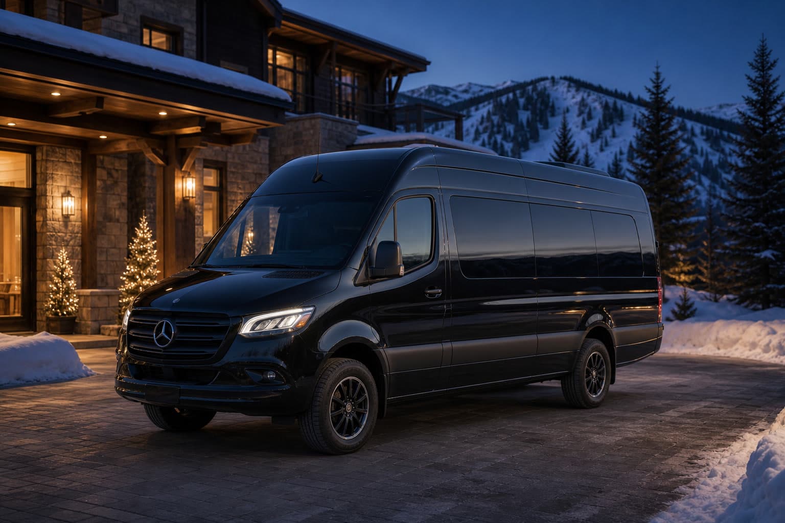 Black Mercedes Sprinter passenger van centered outside a snowy Colorado mountain residence at blue hour.