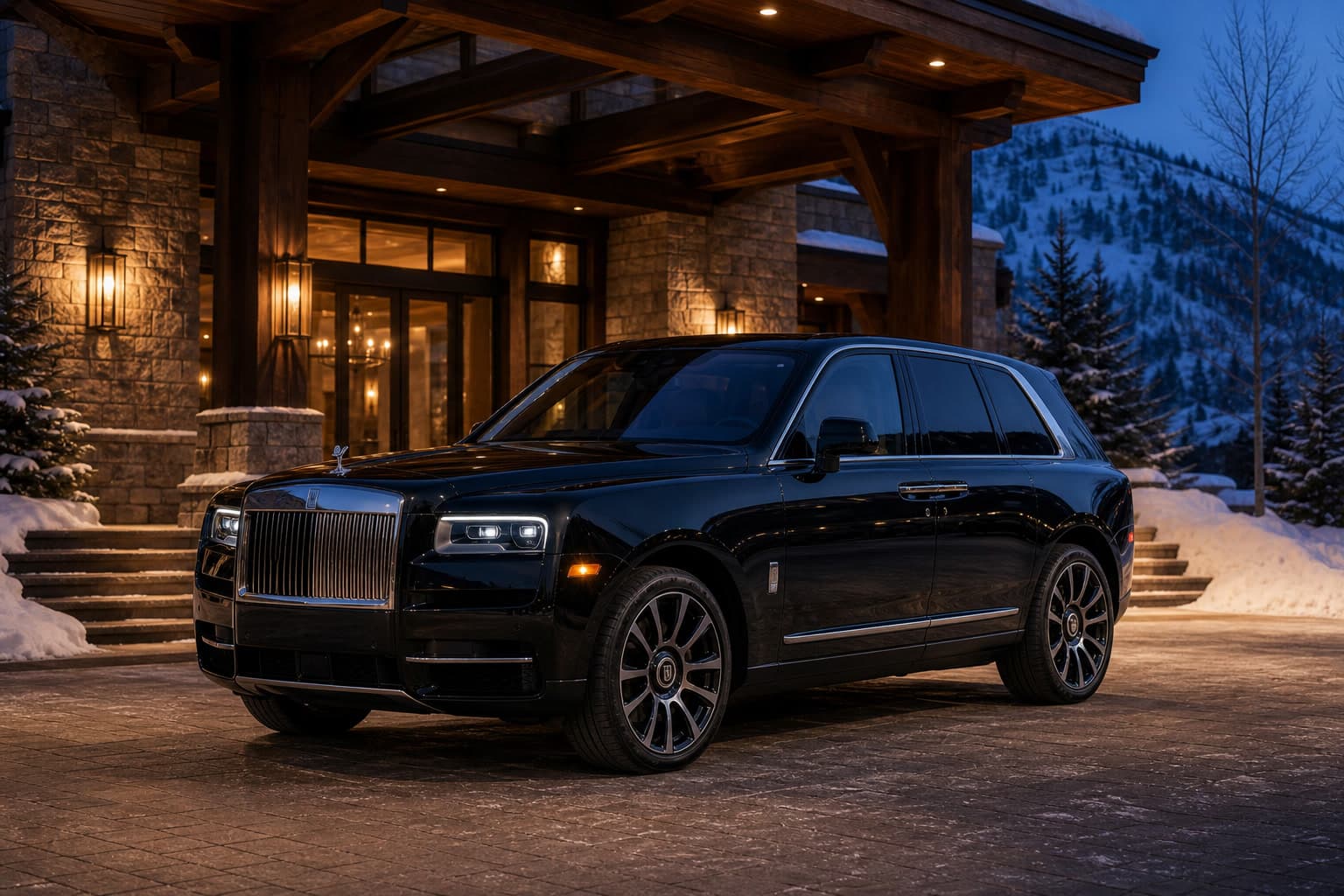 Black Rolls-Royce Cullinan centered at a snowy Aspen-style hotel arrival at twilight.