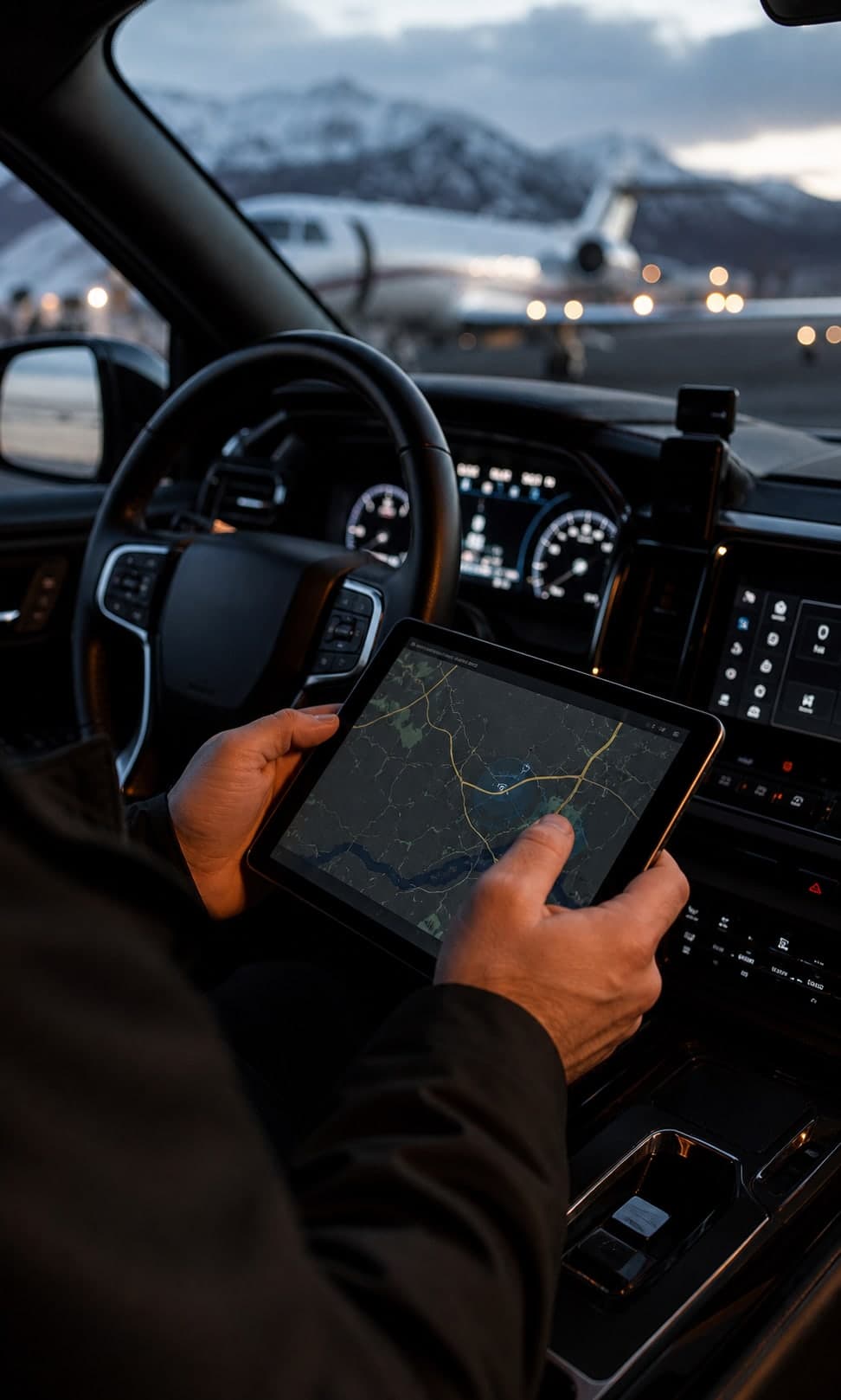 Driver reviewing a route on a tablet inside an SUV with a private jet visible on the FBO ramp ahead.