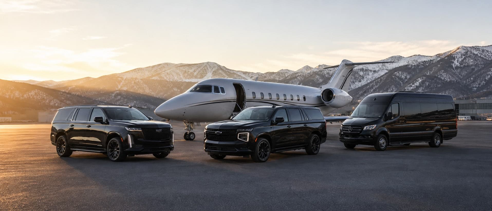 Coordinated black executive fleet staged with a private jet at sunrise.