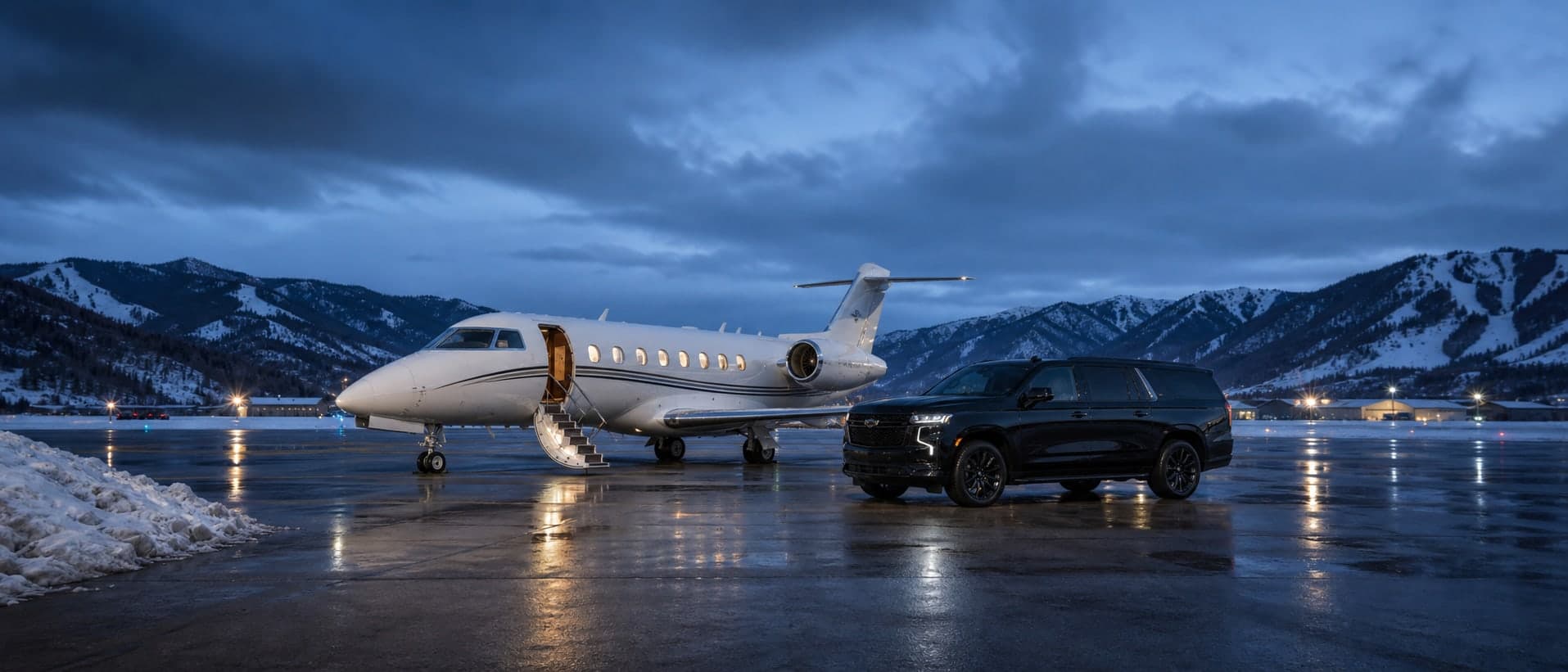Private jet with stairs lowered and a black Suburban staged alongside on a Colorado FBO ramp at blue hour.