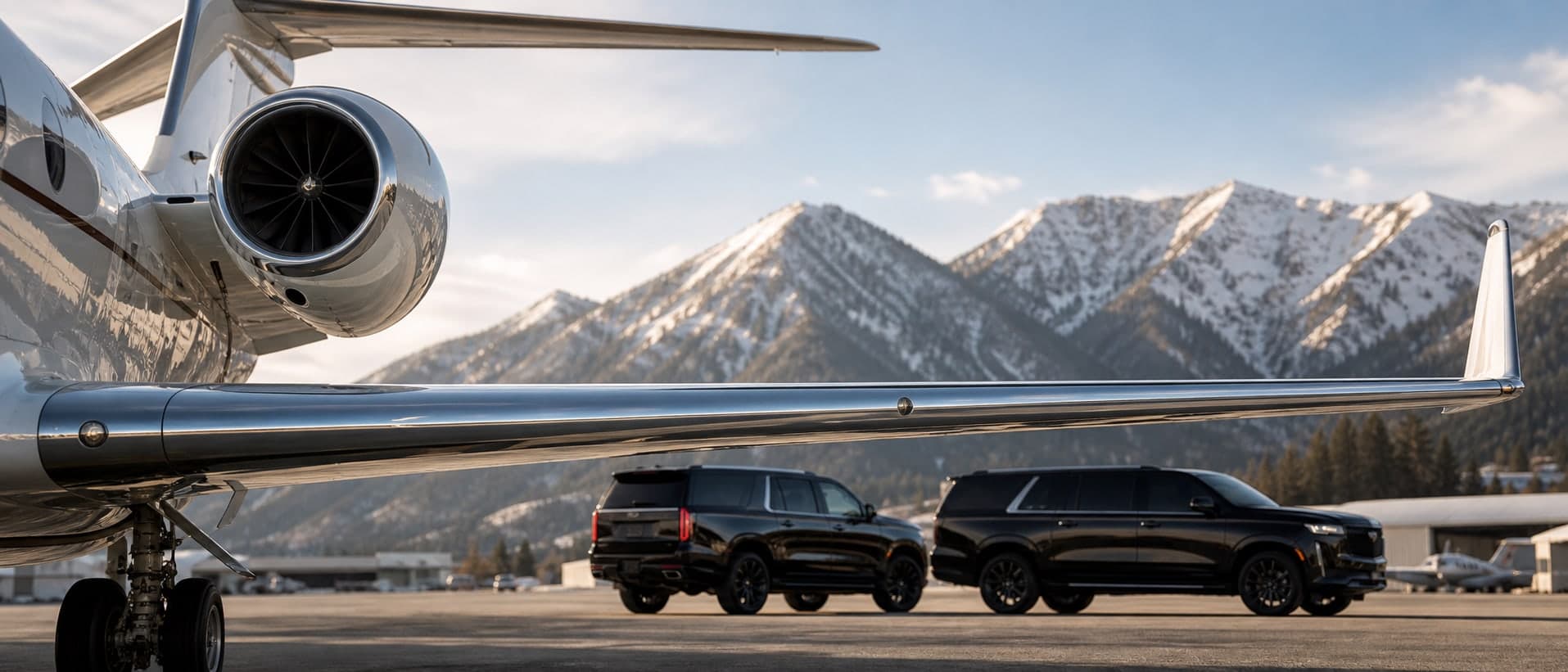 Private jet wing and black executive SUVs framed by Colorado peaks.