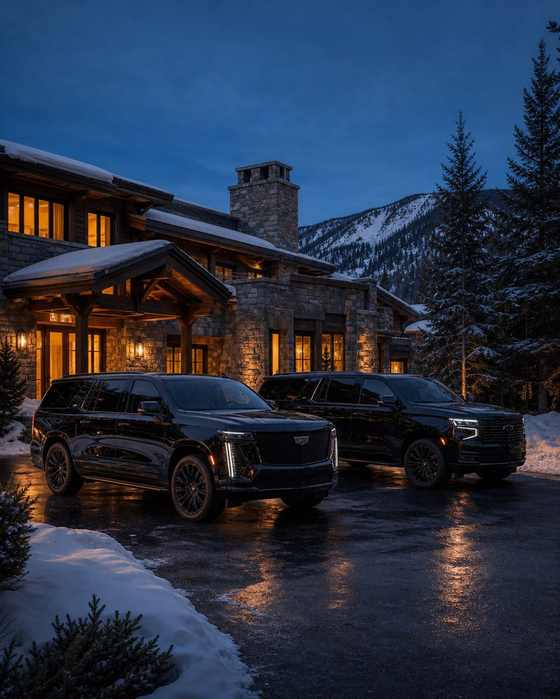 Black executive SUVs at a Vail Valley mountain residence at dusk.