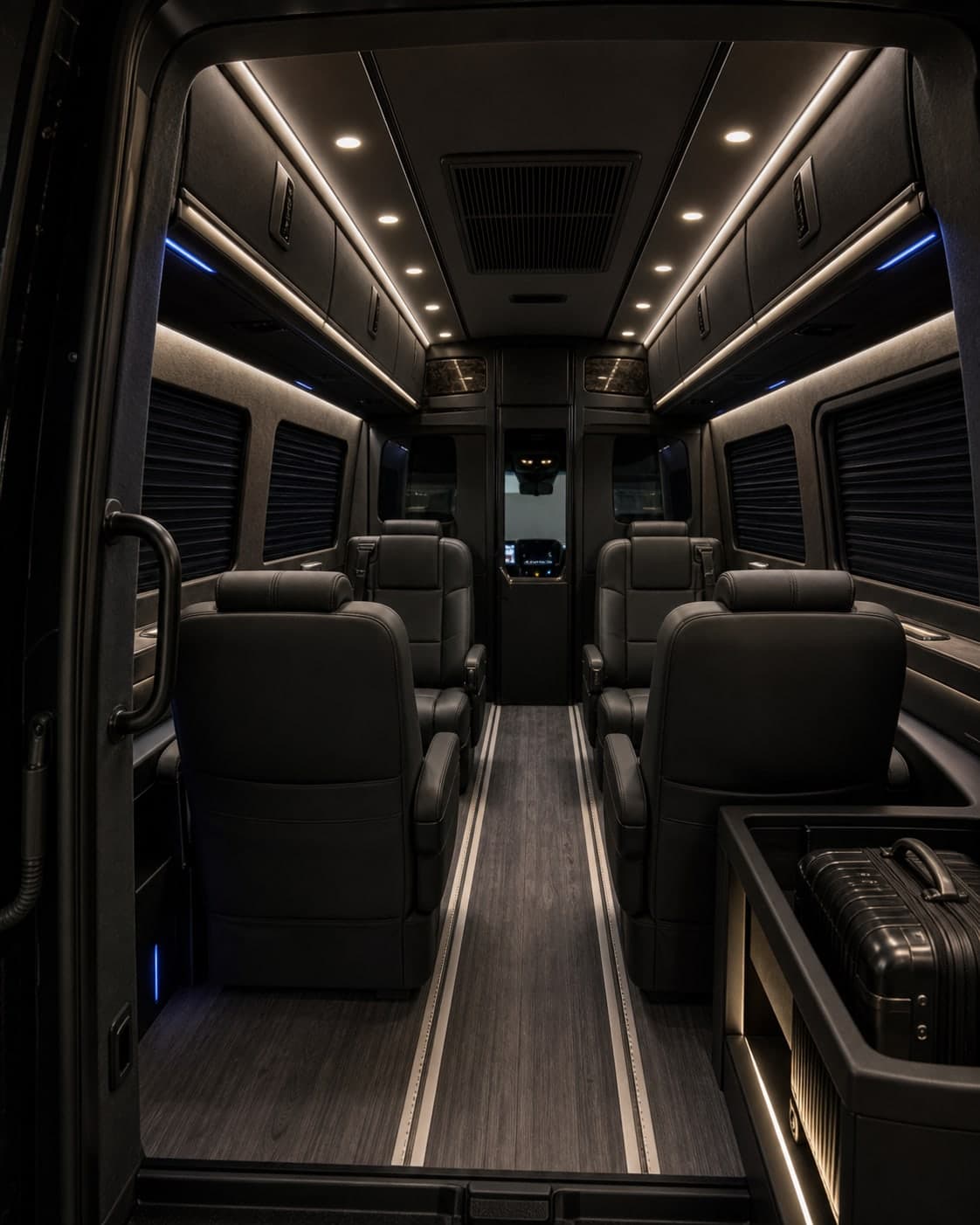 Executive Sprinter interior in warm low light.