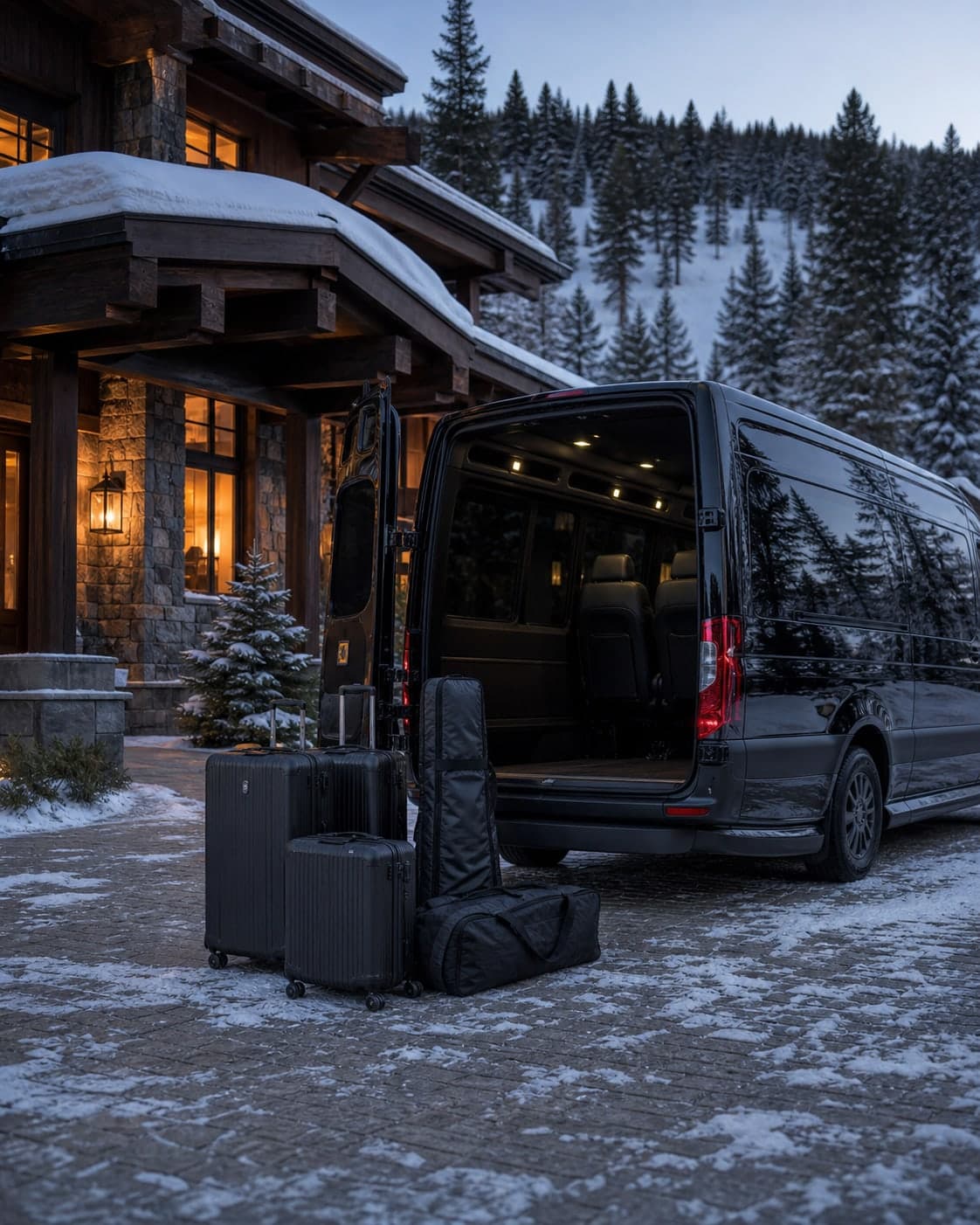 Black Sprinter loaded with ski bags at a Breckenridge mountain residence.