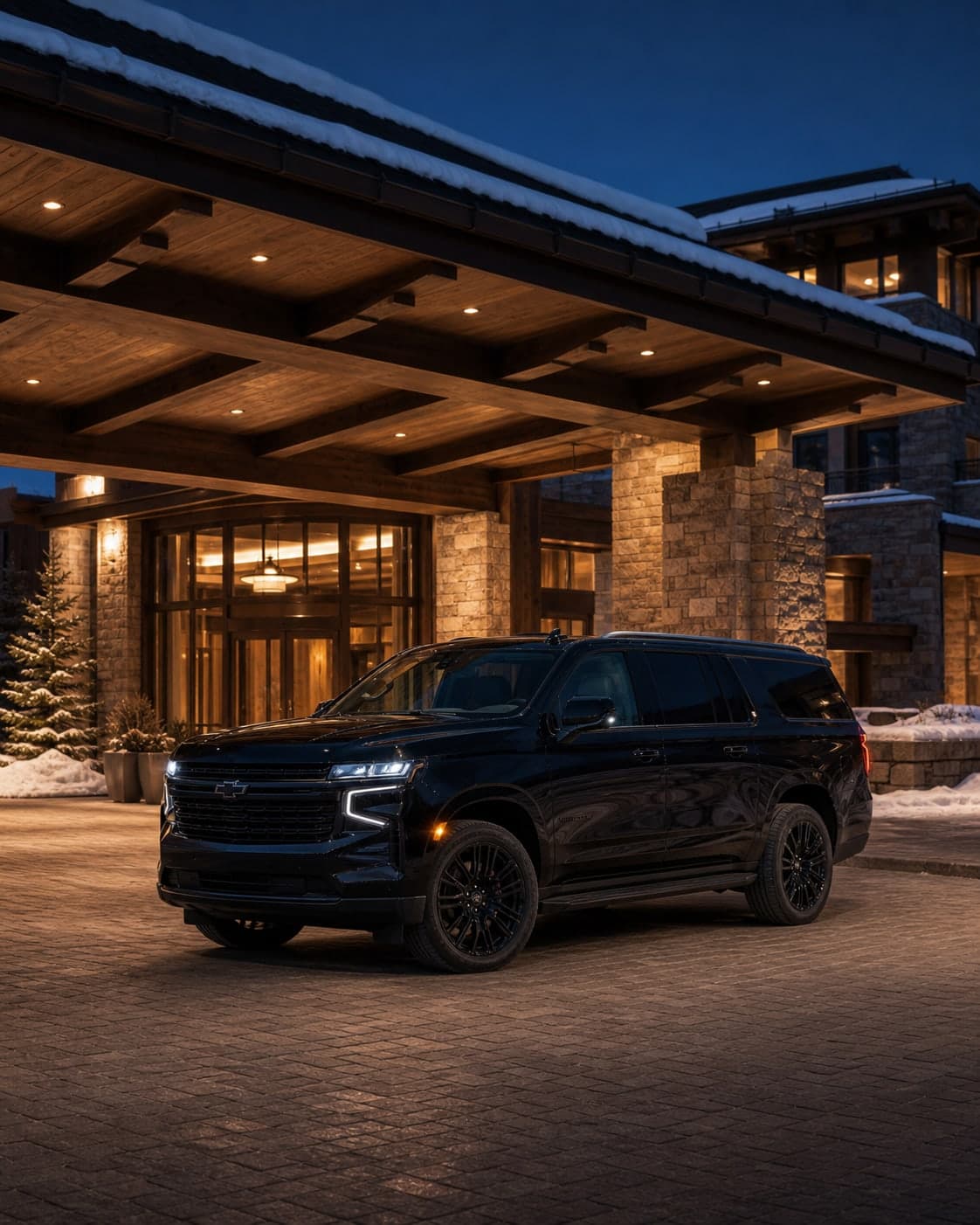 Black Suburban under the warm-lit porte cochère of a luxury Colorado mountain hotel.