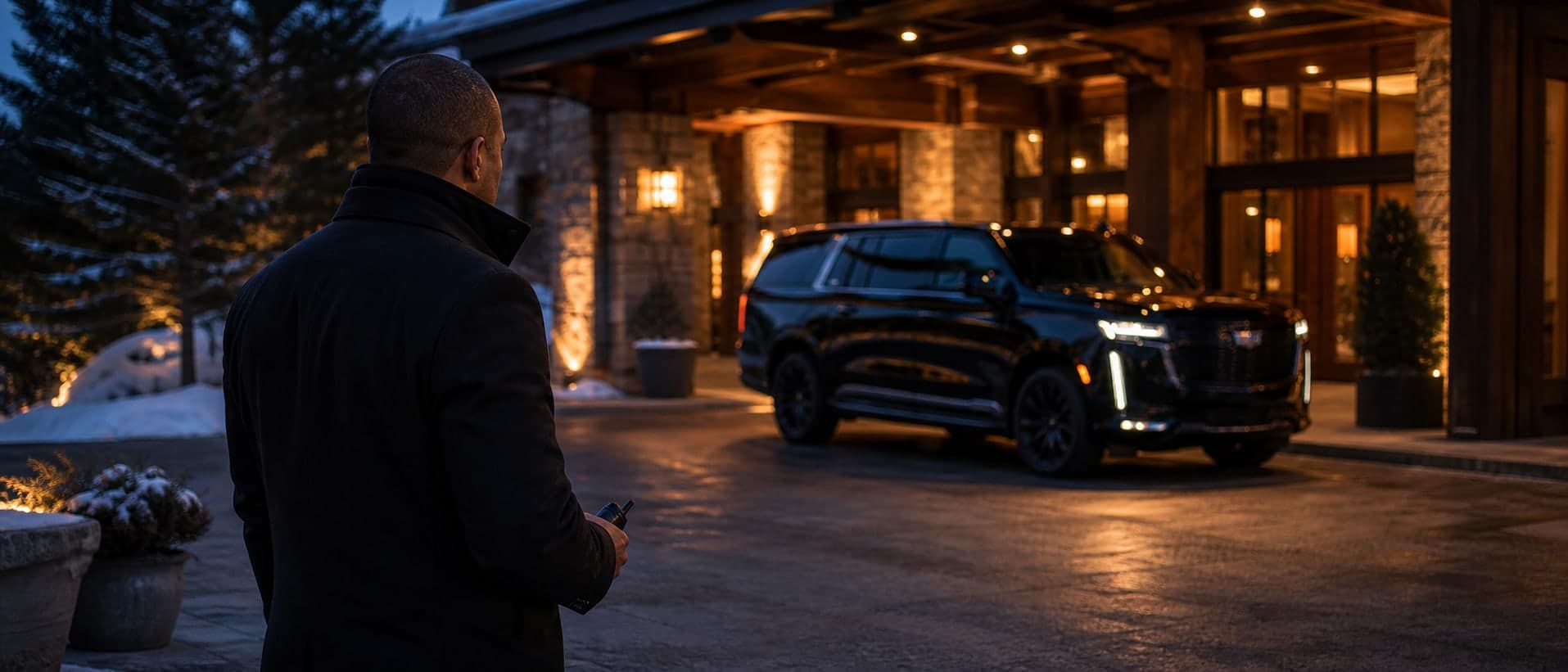 Protective agent observing a black SUV staged at a private Colorado residence at dusk.