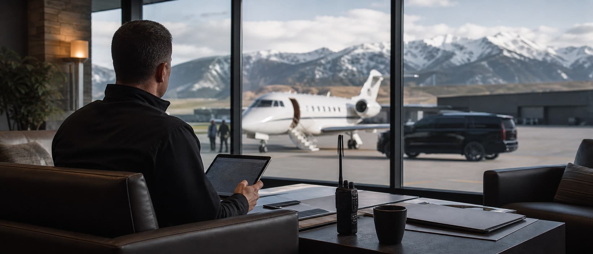 Ground manager in a private FBO lounge with tablet, watching a jet on the ramp.