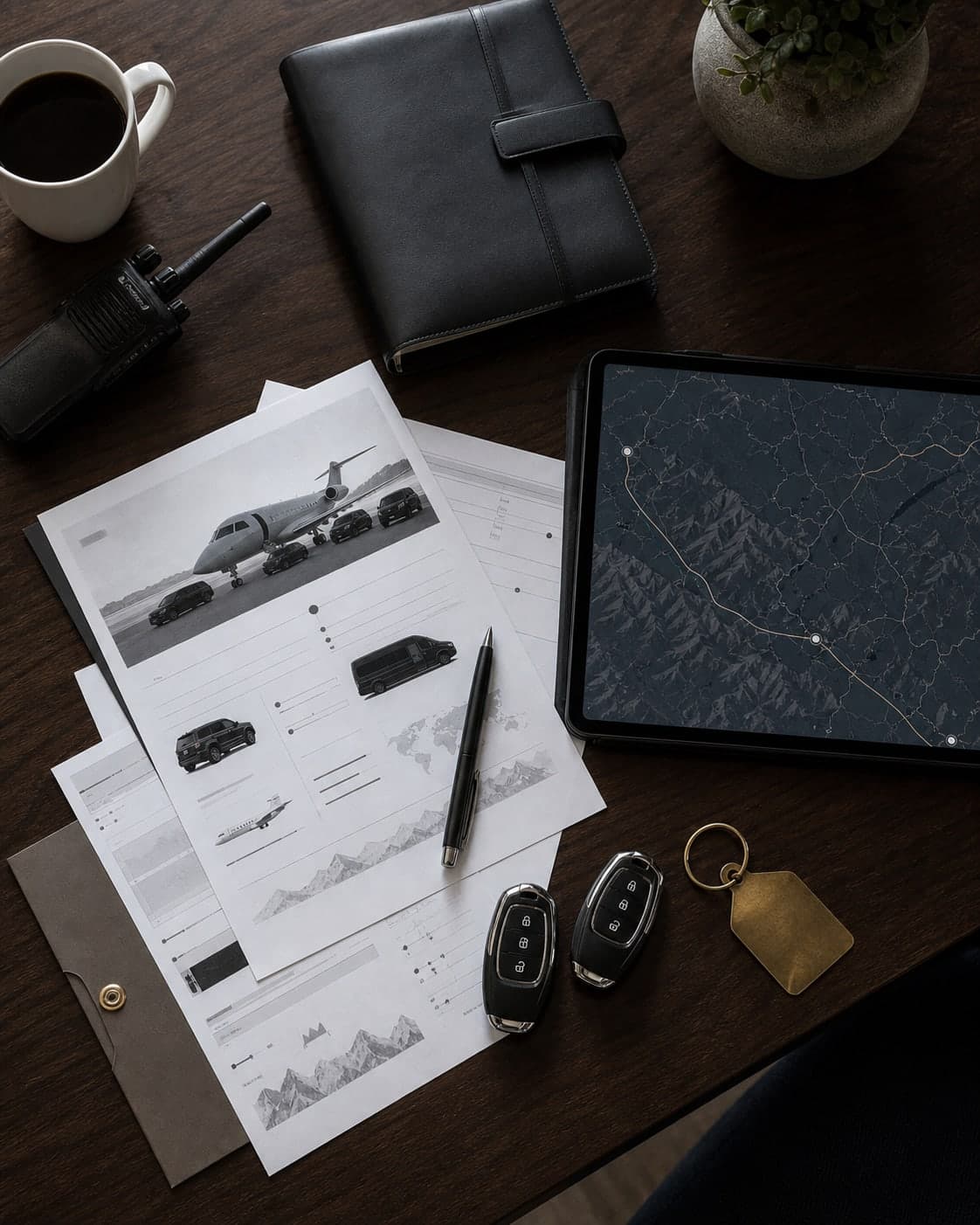 Travel advance still life: itinerary, brass key fob, walkie talkie, and tablet on a dark walnut table.