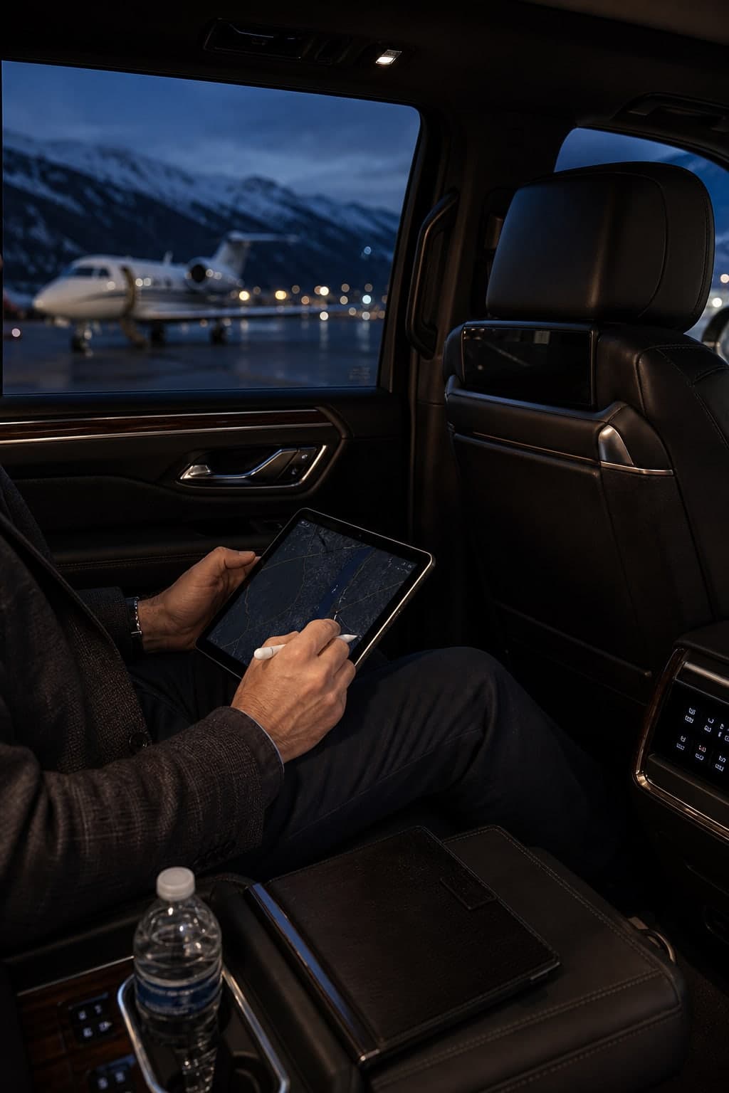 Principal in the rear of a black Suburban reviewing notes on a tablet, private jet visible through the window.