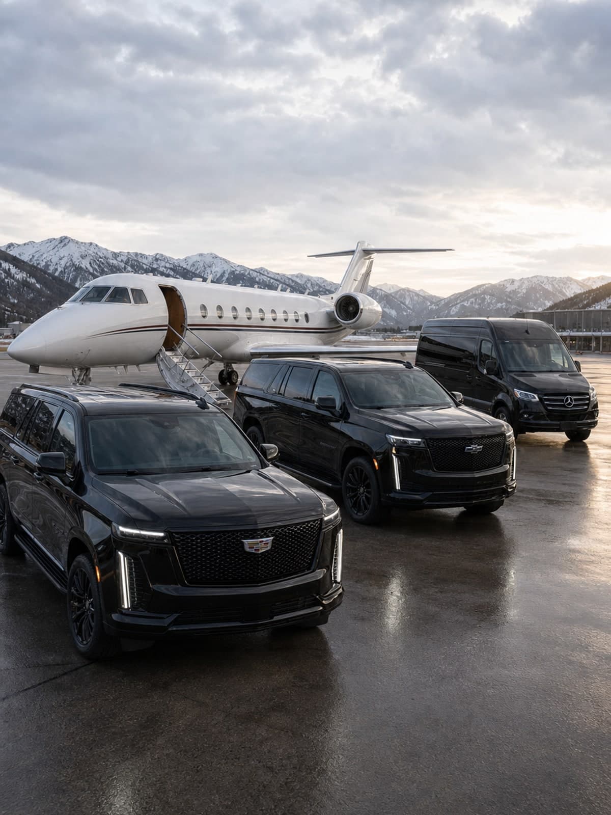 Black luxury SUVs and a Mercedes Sprinter staged with a private jet on a Colorado FBO ramp under overcast mountain skies.
