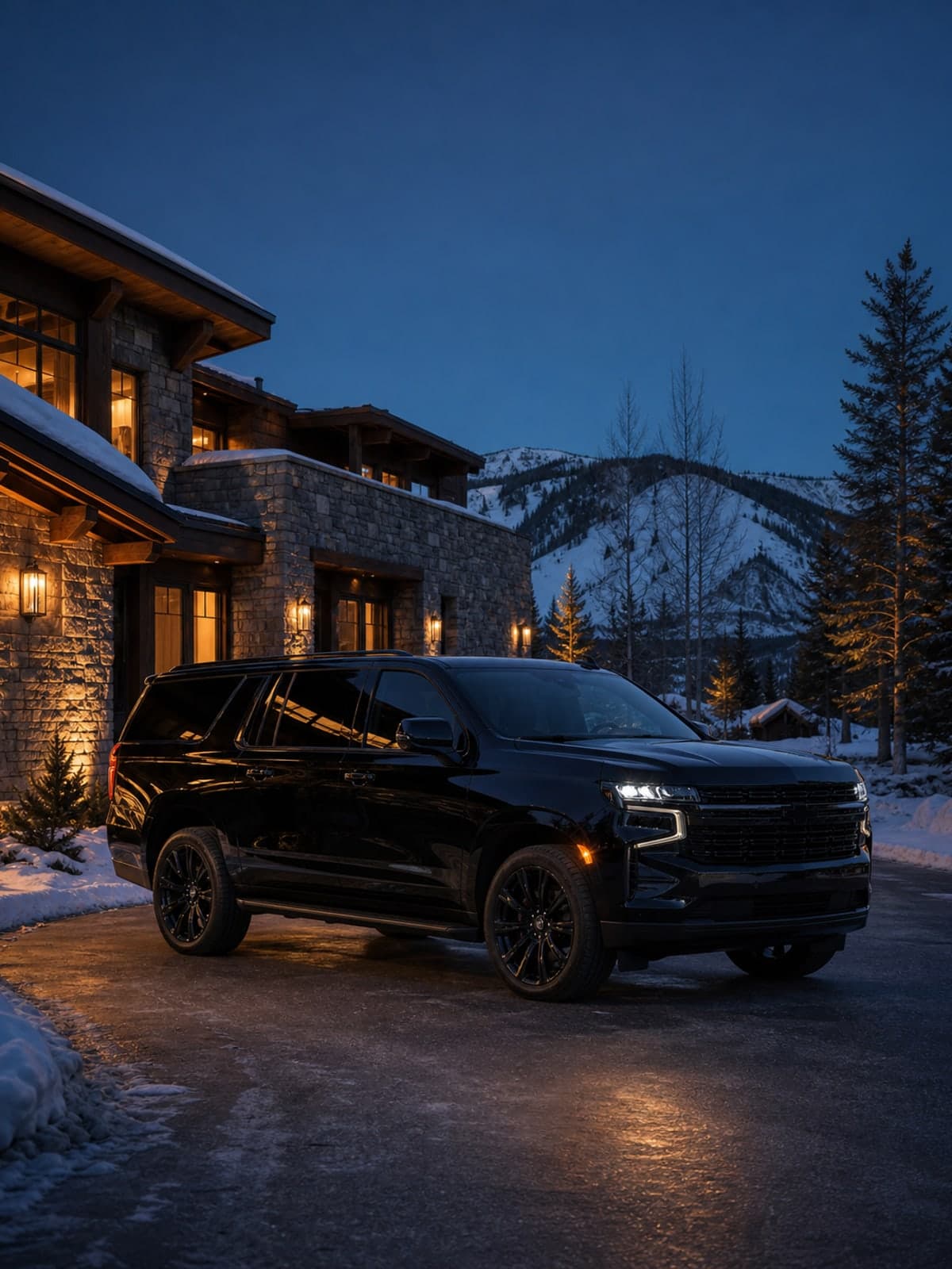 Black late model Suburban staged at a Colorado mountain residence at blue hour.