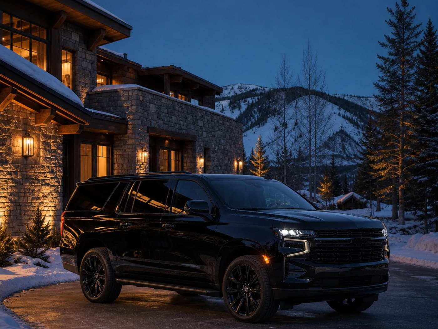 Black late model Suburban staged at a Colorado mountain residence.