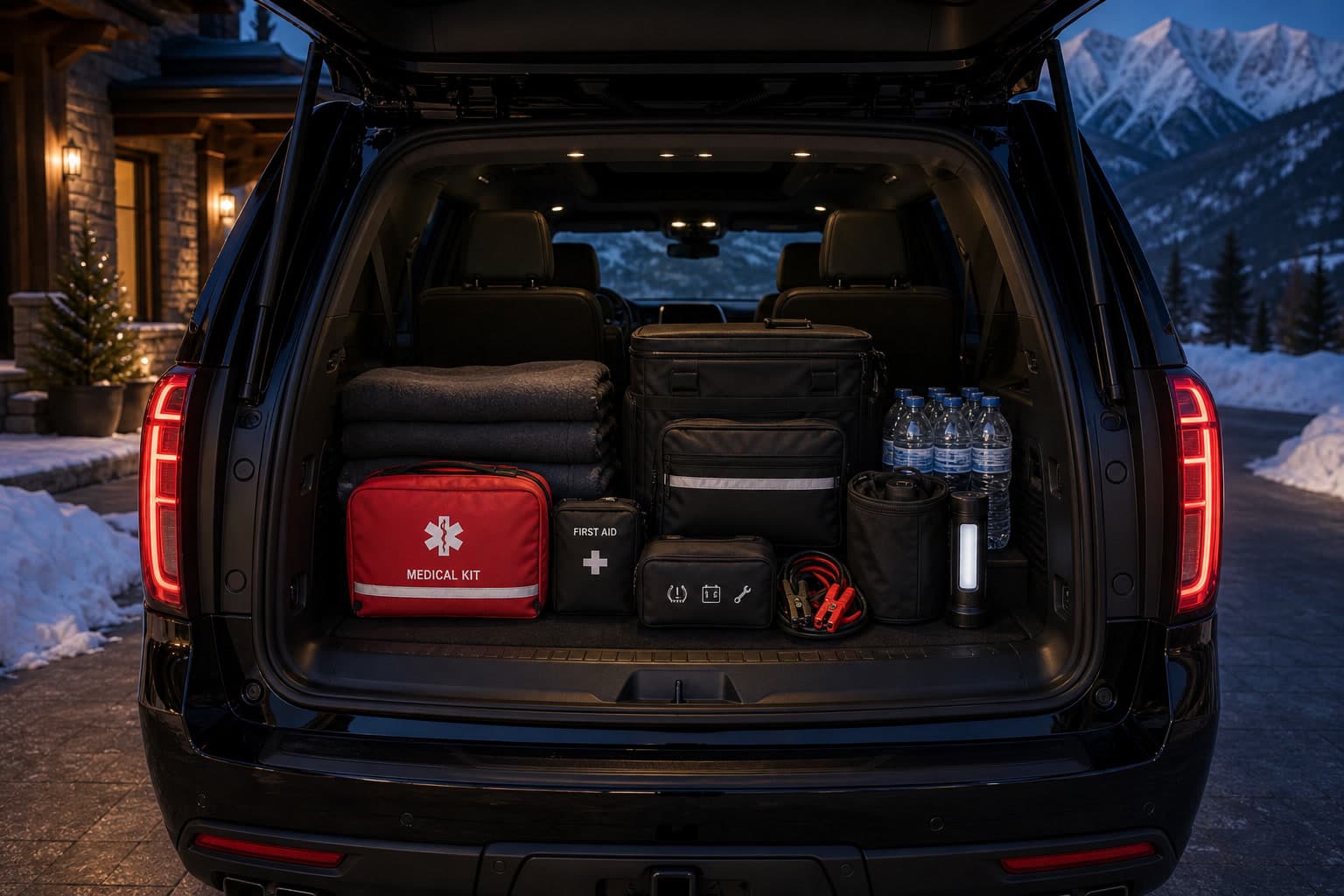 Rear cargo of a black Suburban open at a Colorado mountain residence at dusk, showing a labeled med kit, first-aid bag, blankets, water bottles, flashlight, and emergency supplies.