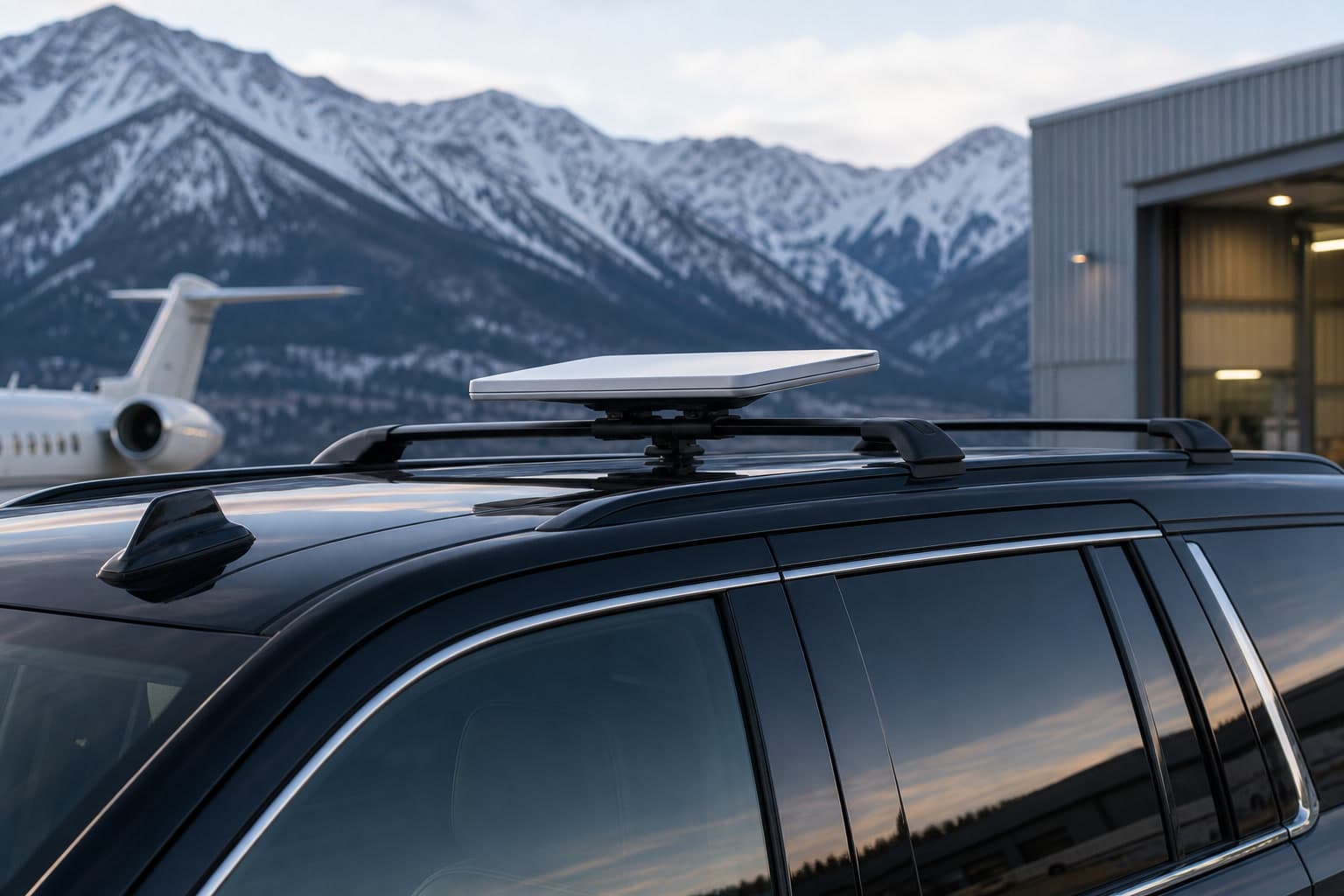Starlink satellite dish mounted on the roof of a black Suburban with a private jet and the Rocky Mountains in the background.