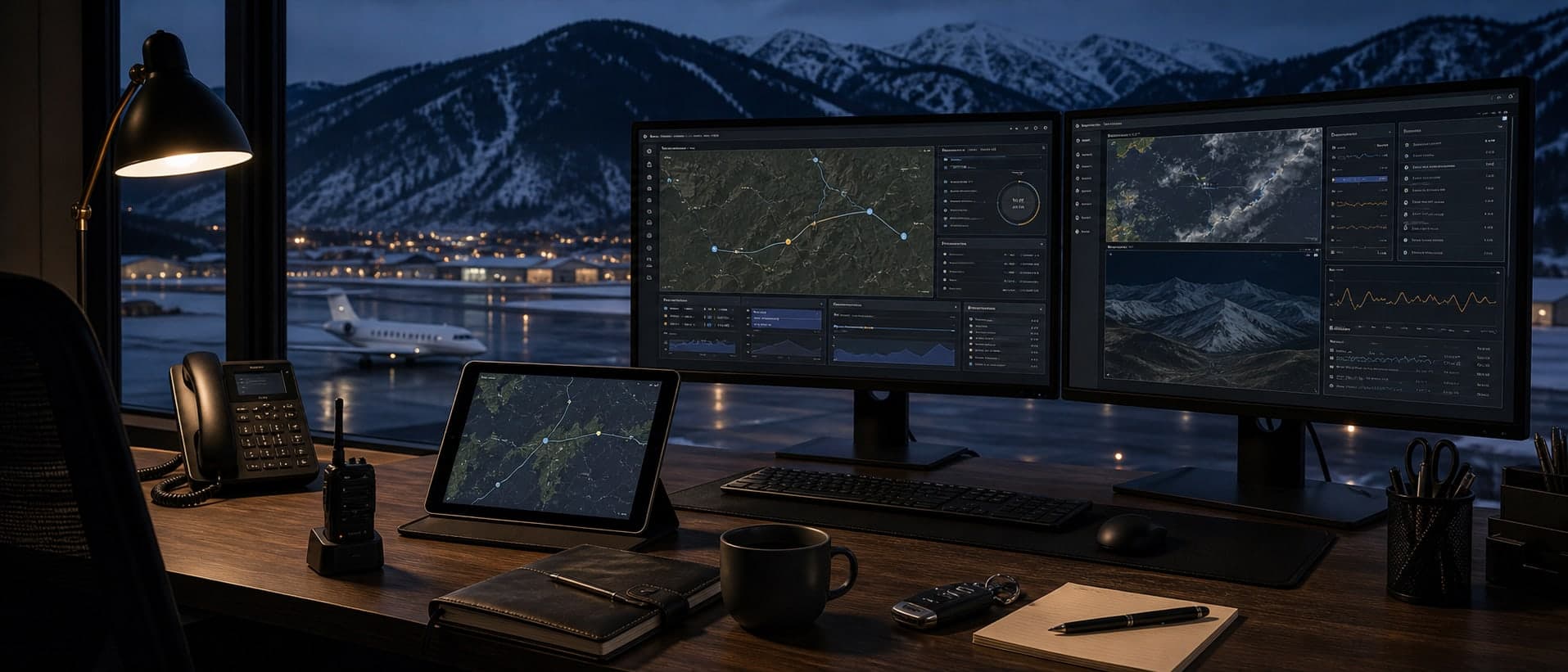 Dispatch operations desk at night with route maps and travel dashboards on dual monitors.