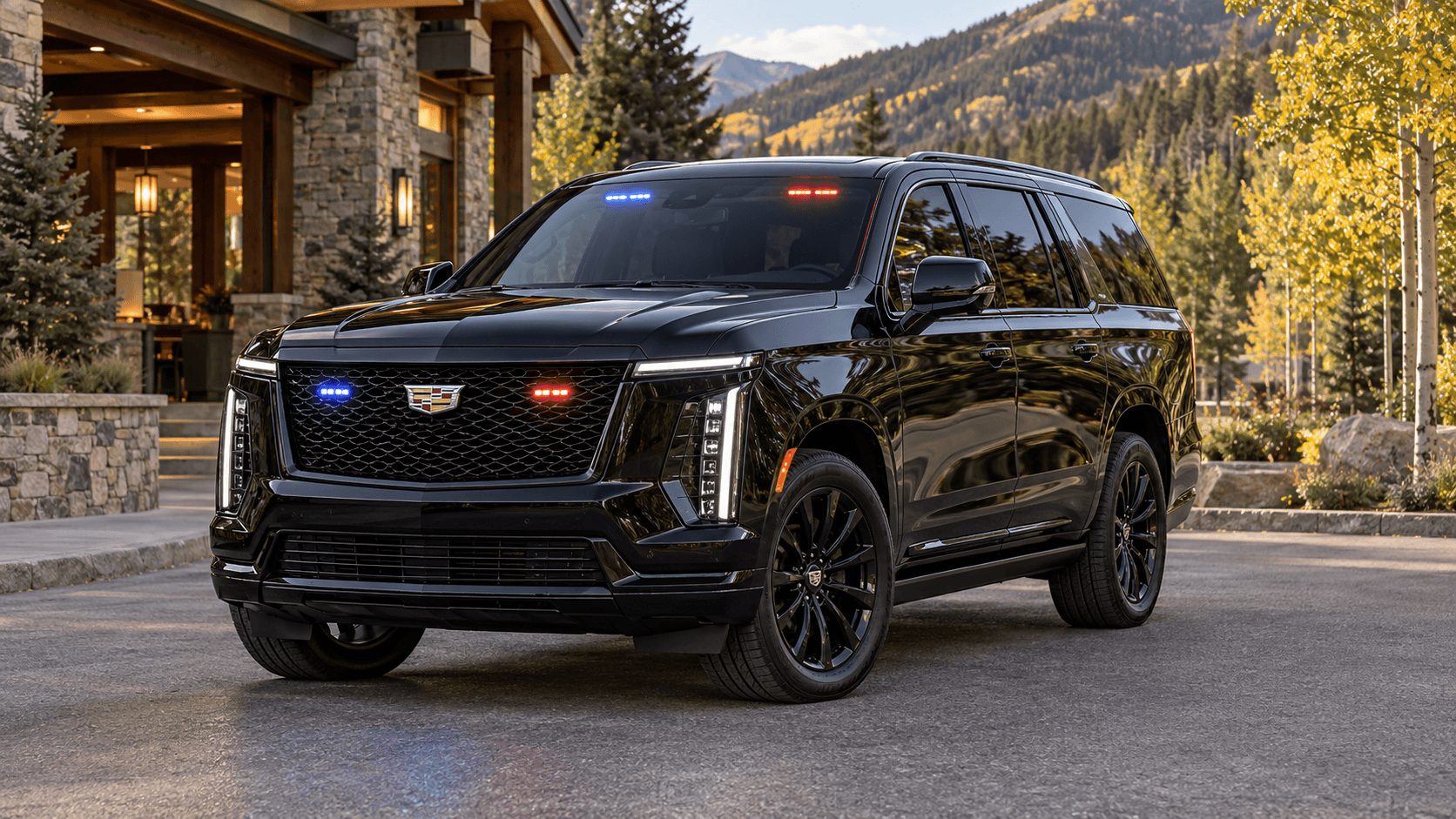 Black SUV with red and blue grille and windshield lights parked at the stone entrance of a mountain lodge in autumn.