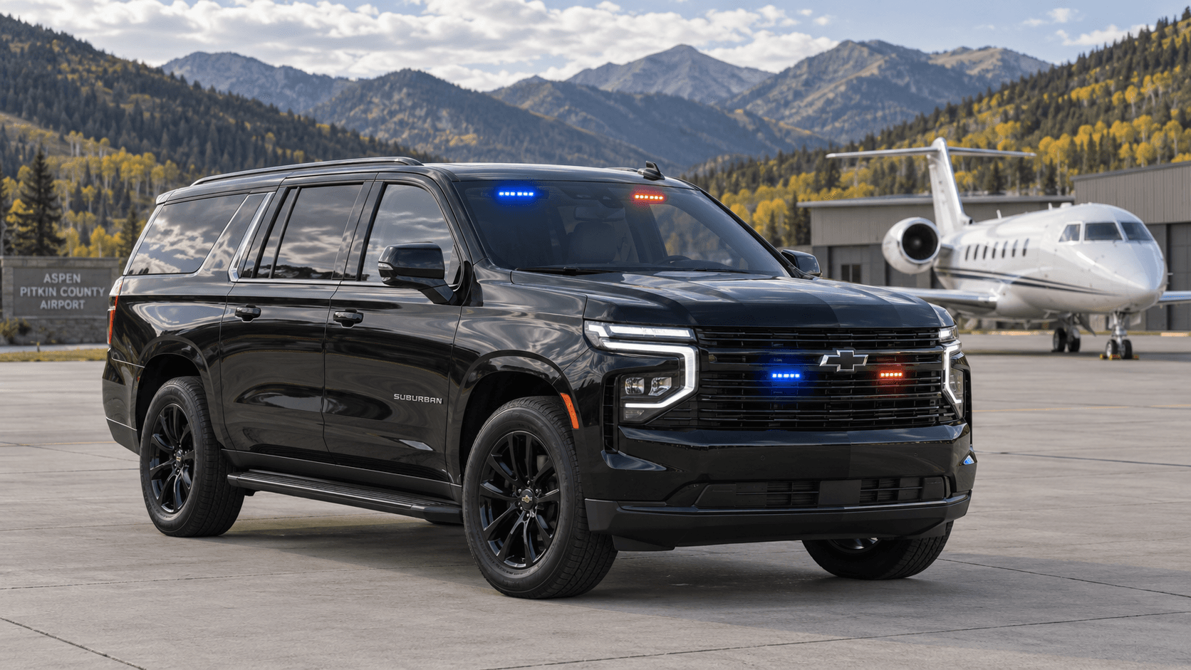 Black SUV with red and blue grille and windshield lights staged on an airport ramp beside a private jet, mountains behind.