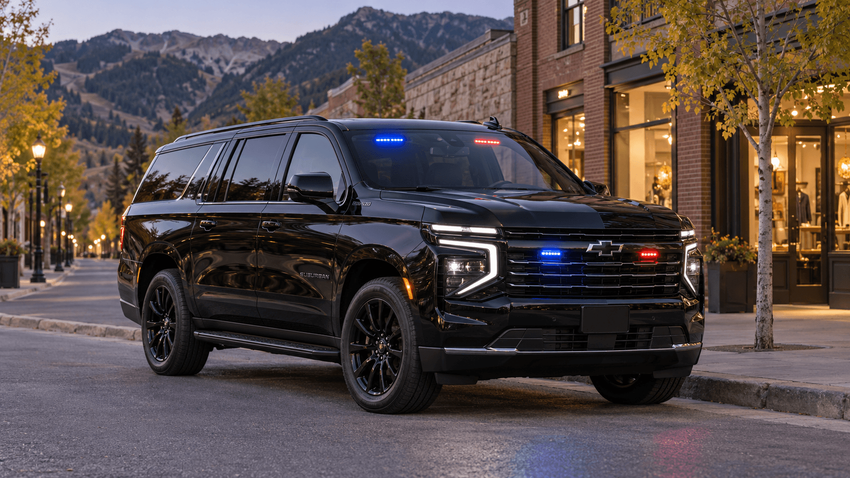 Black SUV with red and blue grille and windshield lights parked on a downtown mountain-town street at dusk.