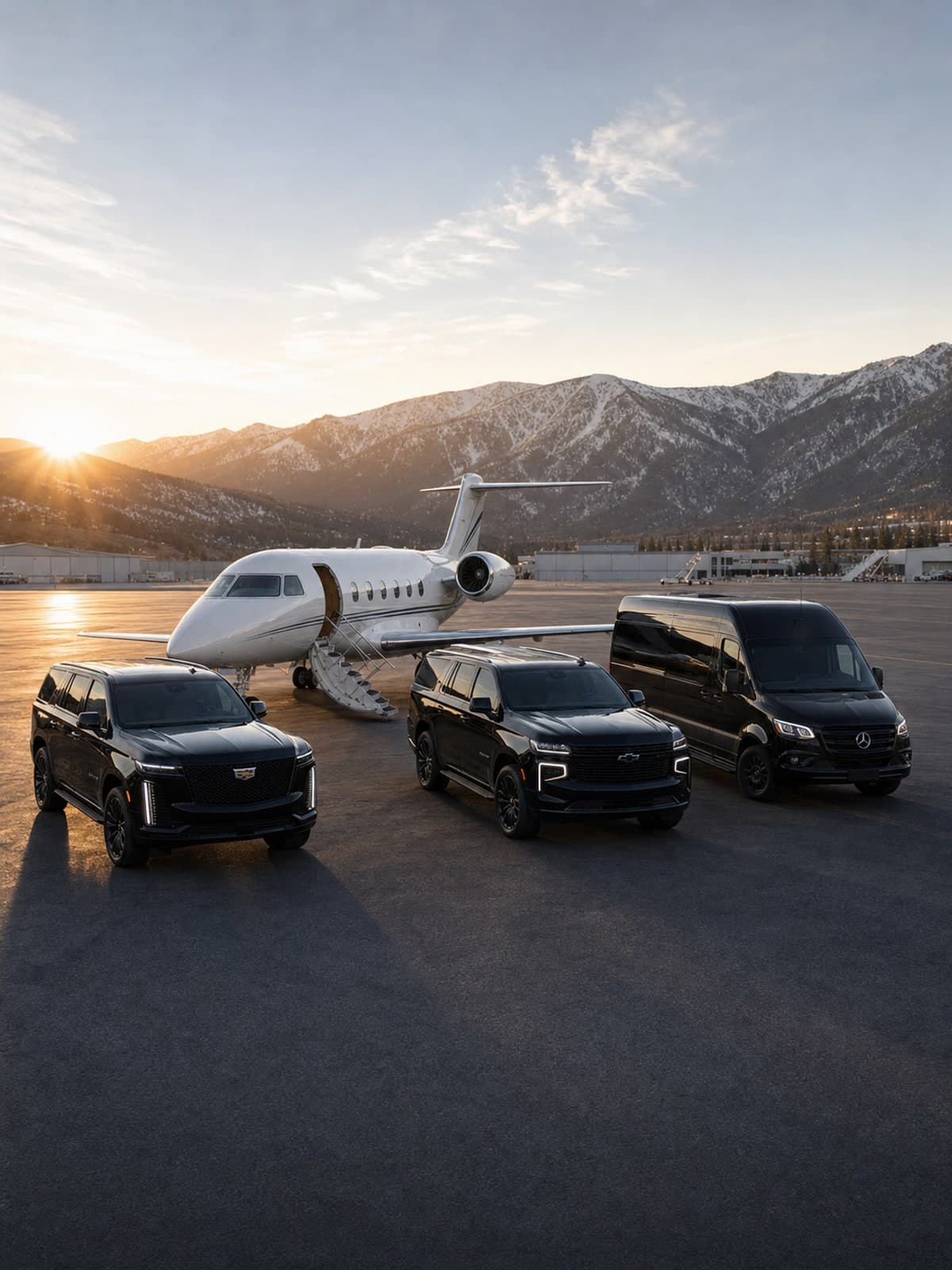 Two black SUVs and a black Sprinter staged beside a private jet on an airport ramp at sunrise, mountains behind.